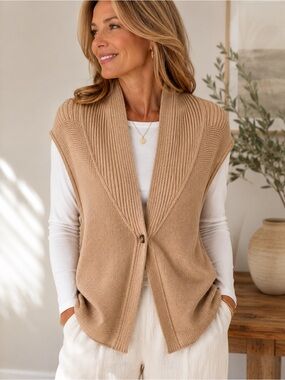 Coldwater Creek Camel Sweater Vest Cardigan Shawl Collar Neutral M